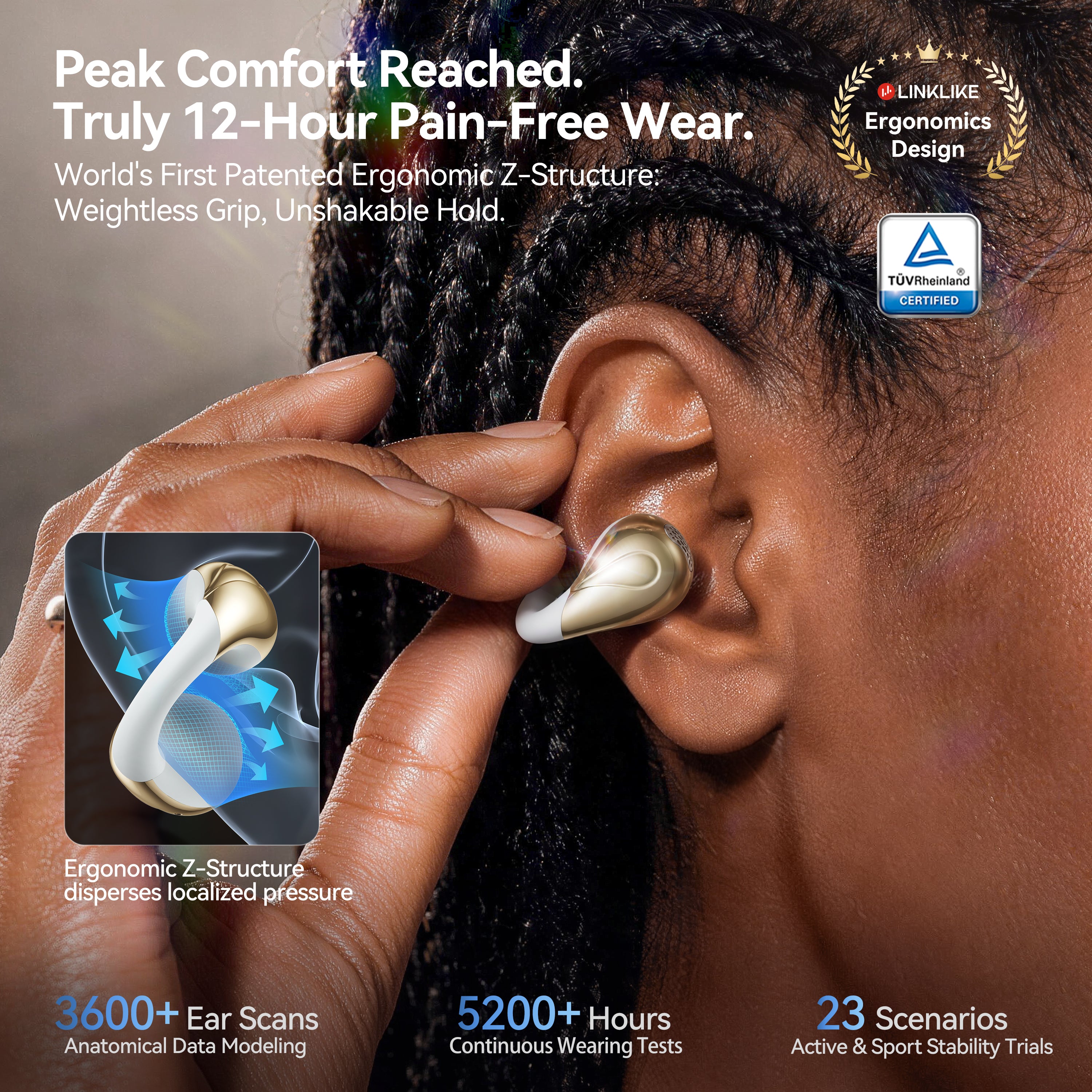 LINKLIKE Next-Gen Most Comfortable Open Ear Clip-on Earbuds [Patented 0-Pressure] [Longest 70H Playtime] [Master-Tuned Hi-Res LDAC] AI Clear Calls, IP55 Lightest 4.7g Fit for All Ears, Ideal Gift-Blue