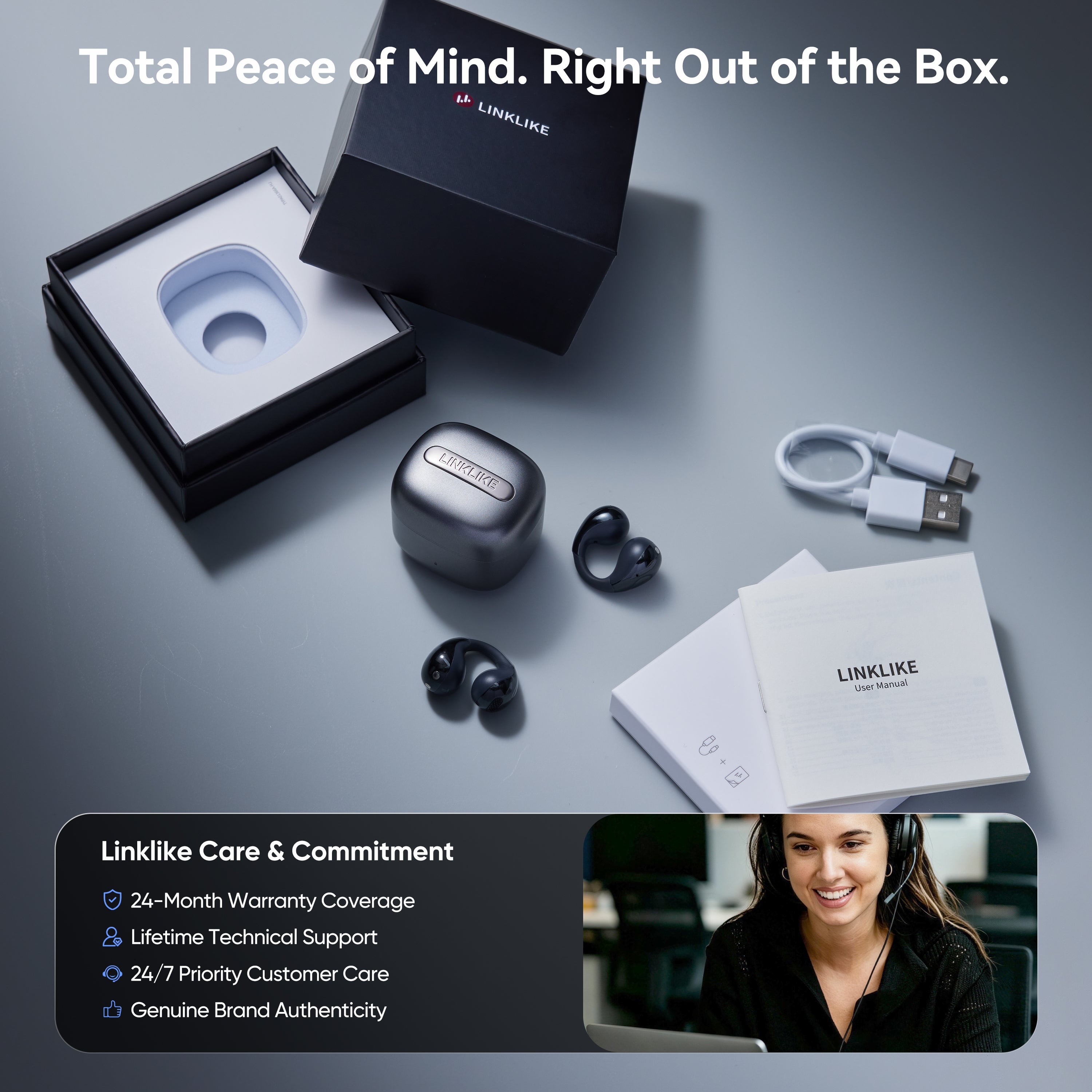 LINKLIKE Most Comfortable Jewelry Open Ear Clip-on Earbuds with Zircon Earrings [All-in-One Storage] [Patented 0-Pressure] [Longest 70H Playtime] [Master-Tuned Hi-Res LDAC] Ideal Gift for Women, Gray