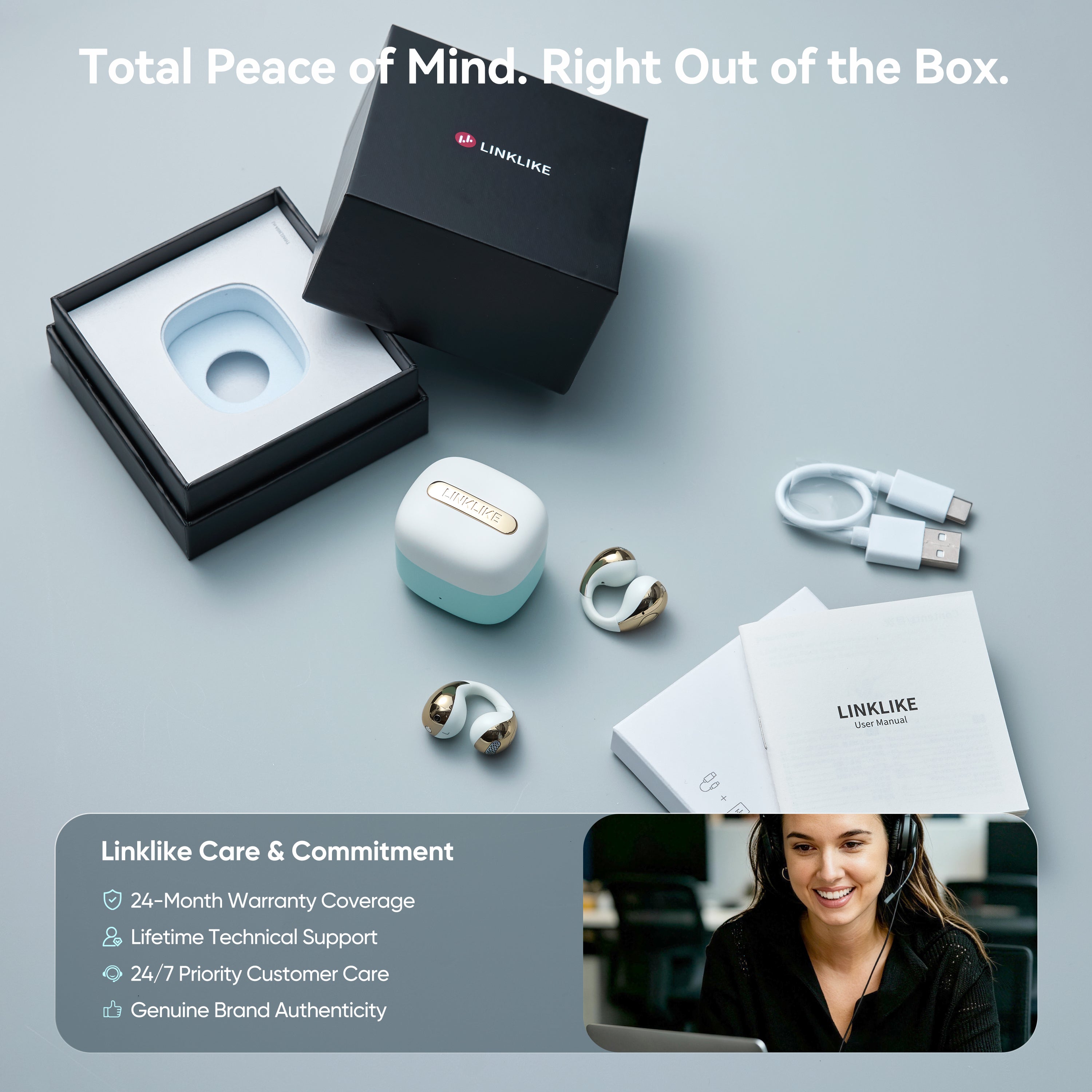 LINKLIKE Next-Gen Most Comfortable Open Ear Clip-on Earbuds [Patented 0-Pressure] [Longest 70H Playtime] [Master-Tuned Hi-Res LDAC] AI Clear Calls, IP55 Lightest 4.7g Fit for All Ears, Ideal Gift-Blue