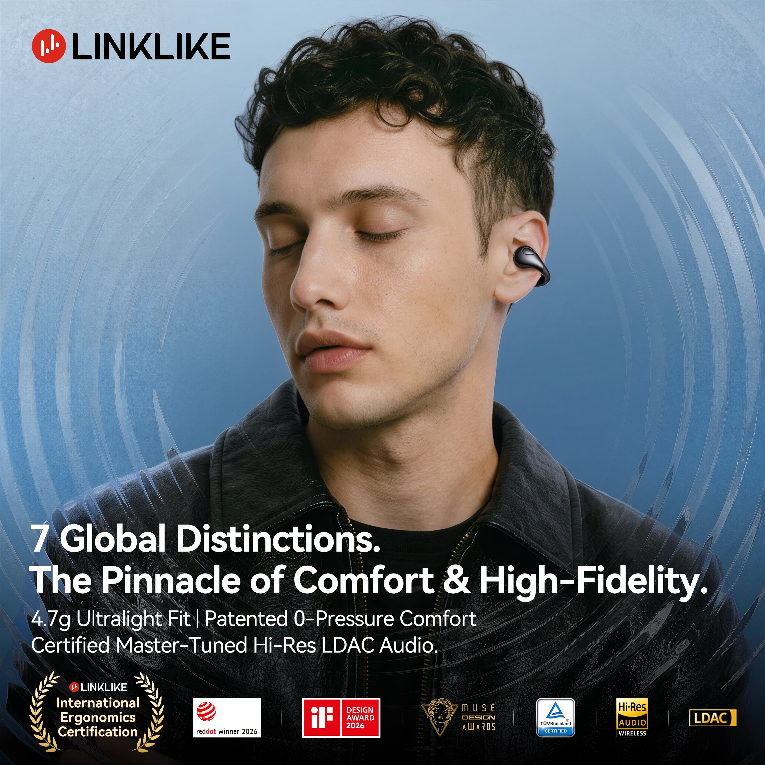 LINKLIKE Next-Gen Most Comfortable Open Ear Clip-on Earbuds [Patented 0-Pressure] [Longest 70H Playtime] [Master-Tuned Hi-Res LDAC] AI Clear Calls, IP55 Lightest 4.7g Fit for All Ears, Ideal Gift-Gray