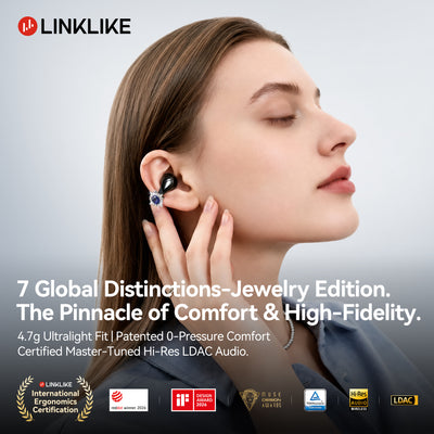 LINKLIKE Most Comfortable Jewelry Open Ear Clip-on Earbuds with Zircon Earrings [All-in-One Storage] [Patented 0-Pressure] [Longest 70H Playtime] [Master-Tuned Hi-Res LDAC] Ideal Gift for Women, Gray