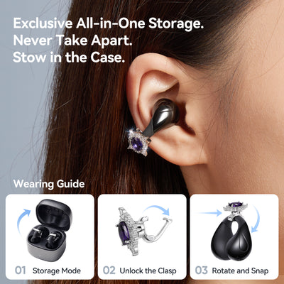 LINKLIKE Most Comfortable Jewelry Open Ear Clip-on Earbuds with Zircon Earrings [All-in-One Storage] [Patented 0-Pressure] [Longest 70H Playtime] [Master-Tuned Hi-Res LDAC] Ideal Gift for Women, Gray