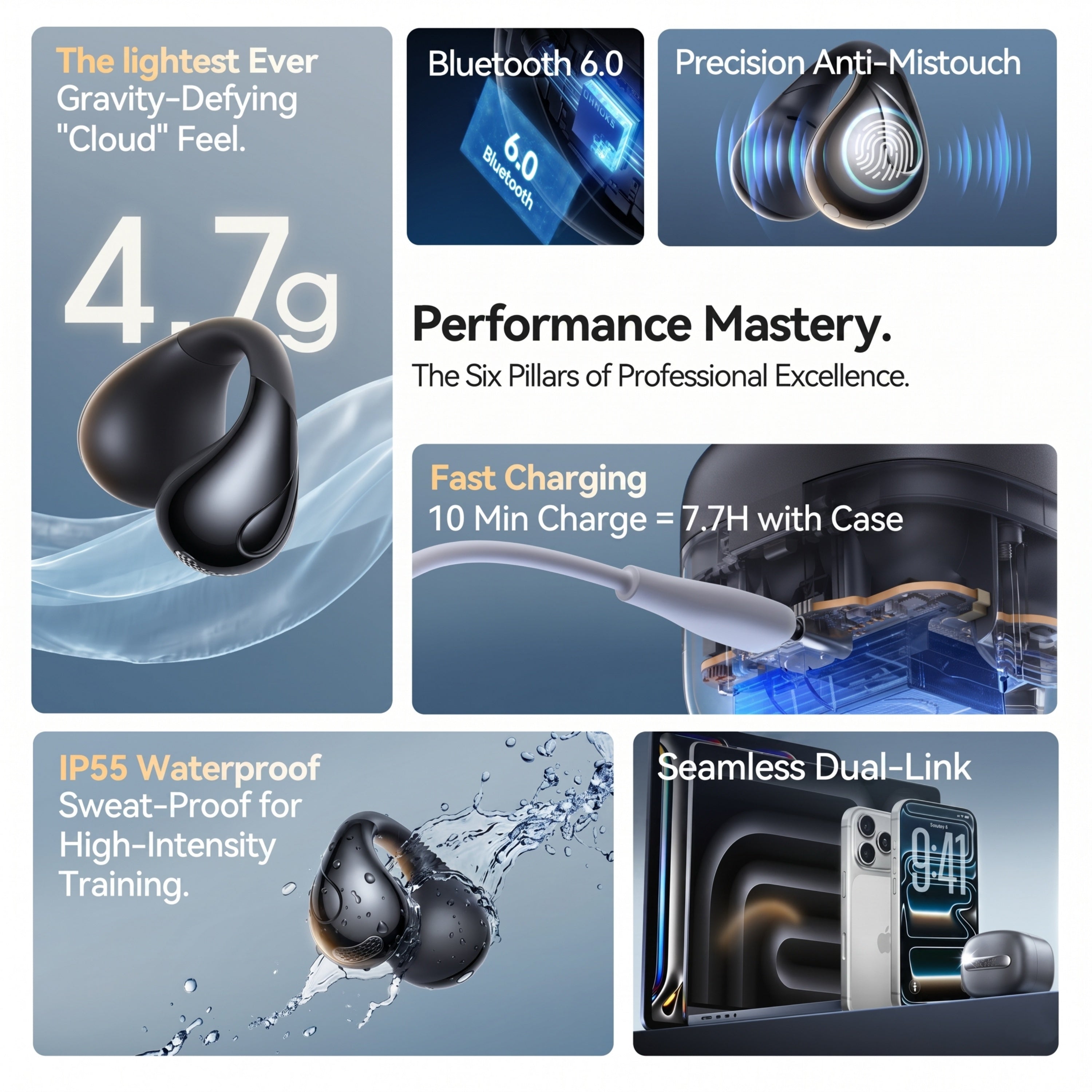 LINKLIKE Most Comfortable Jewelry Open Ear Clip-on Earbuds with Zircon Earrings [All-in-One Storage] [Patented 0-Pressure] [Longest 70H Playtime] [Master-Tuned Hi-Res LDAC] Ideal Gift for Women, Gray