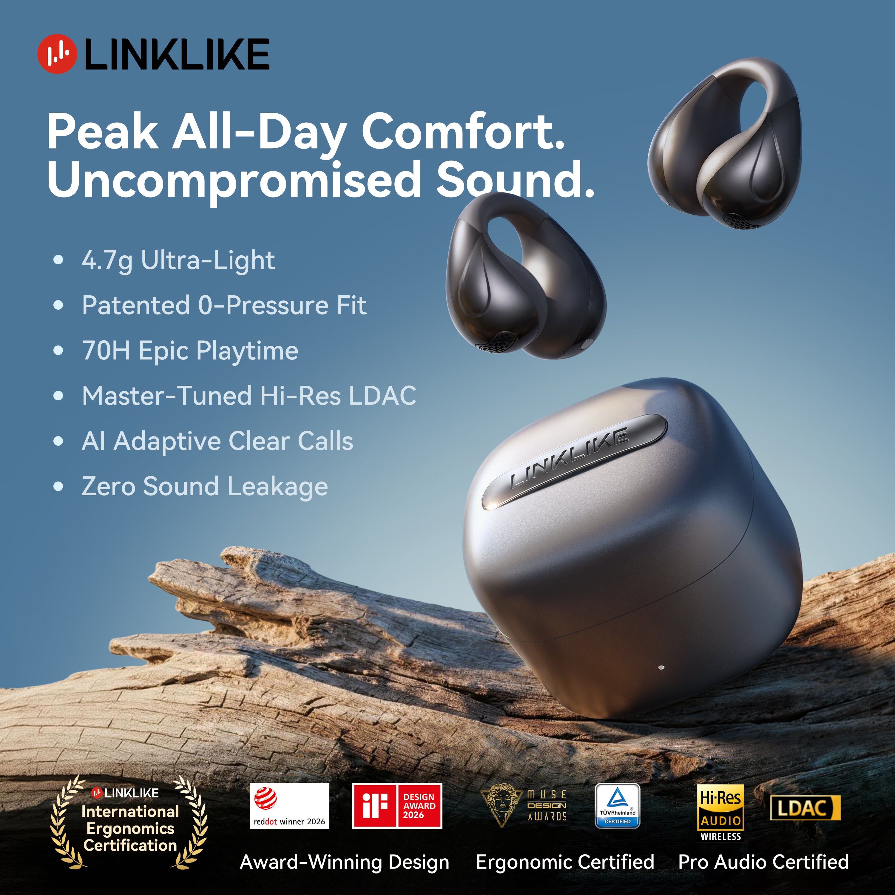 LINKLIKE Most Comfortable Jewelry Open Ear Clip-on Earbuds with Zircon Earrings [All-in-One Storage] [Patented 0-Pressure] [Longest 70H Playtime] [Master-Tuned Hi-Res LDAC] Ideal Gift for Women, Gray