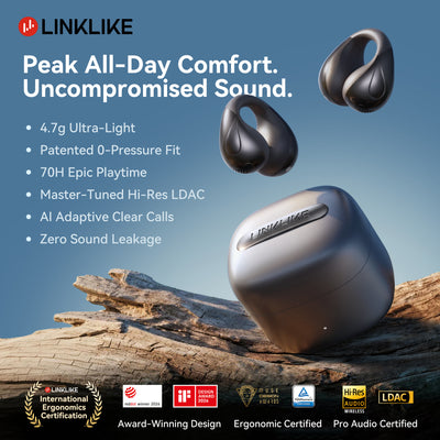 LINKLIKE Most Comfortable Jewelry Open Ear Clip-on Earbuds with Zircon Earrings [All-in-One Storage] [Patented 0-Pressure] [Longest 70H Playtime] [Master-Tuned Hi-Res LDAC] Ideal Gift for Women, Gray