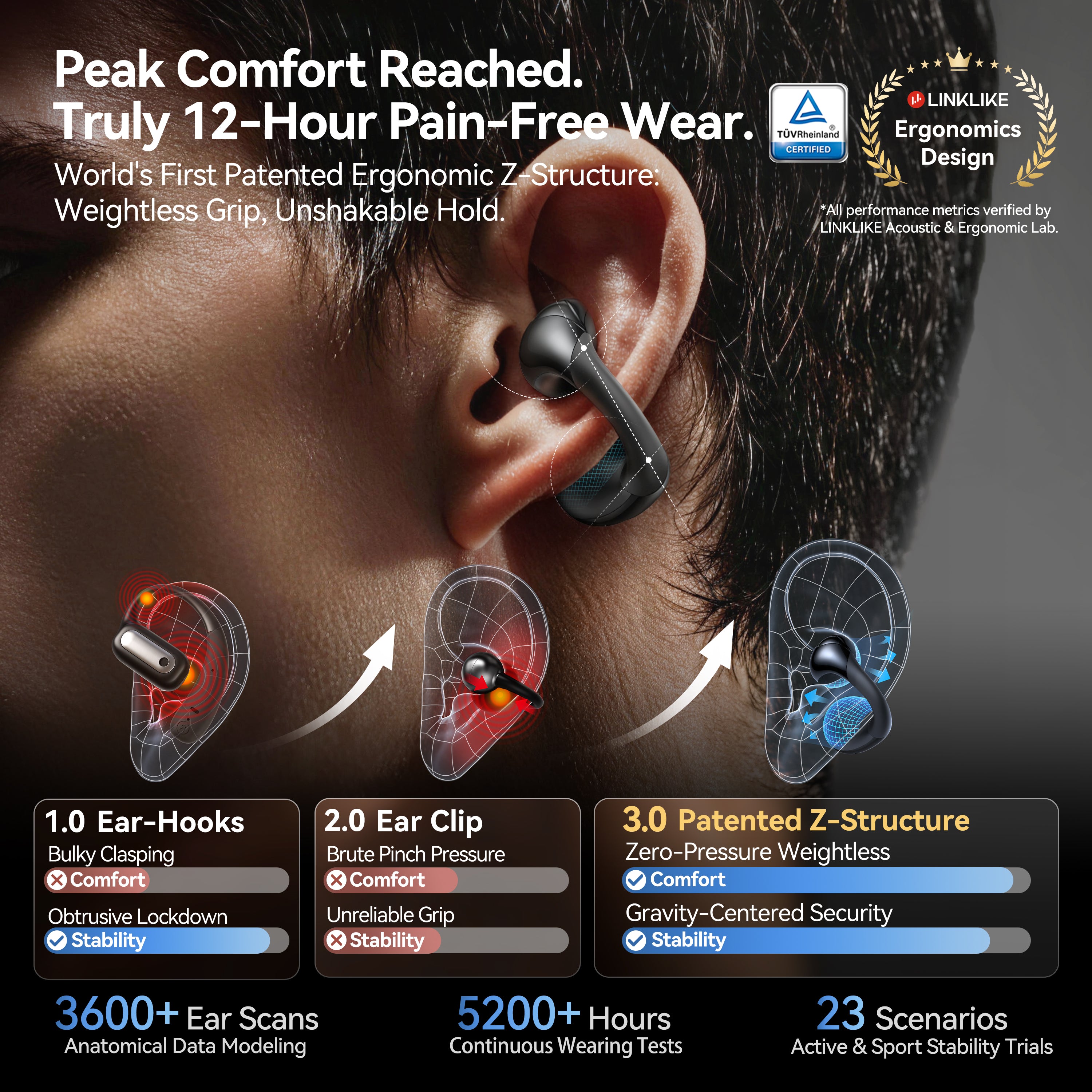 LINKLIKE Most Comfortable Jewelry Open Ear Clip-on Earbuds with Zircon Earrings [All-in-One Storage] [Patented 0-Pressure] [Longest 70H Playtime] [Master-Tuned Hi-Res LDAC] Ideal Gift for Women, Gray