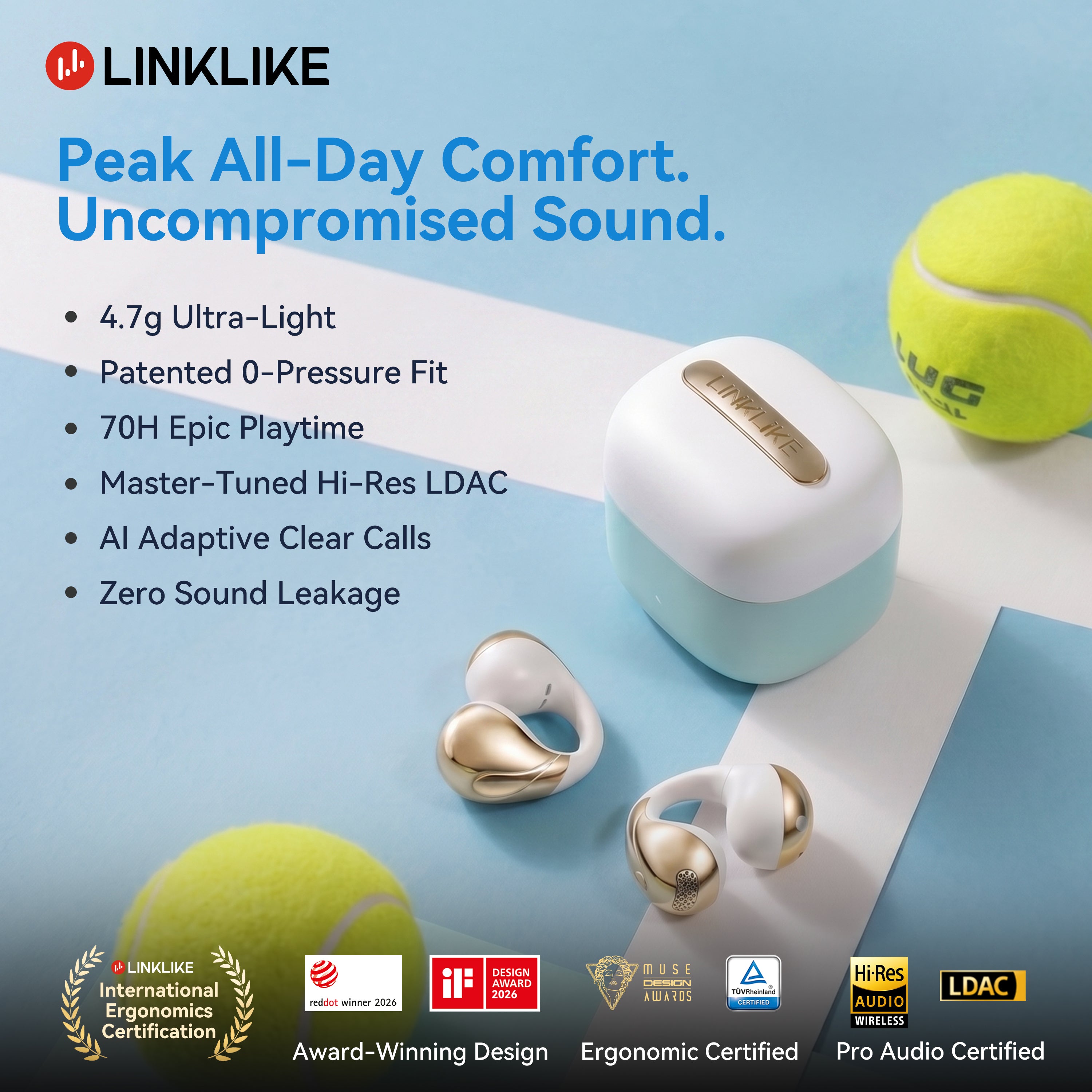 LINKLIKE Next-Gen Most Comfortable Open Ear Clip-on Earbuds [Patented 0-Pressure] [Longest 70H Playtime] [Master-Tuned Hi-Res LDAC] AI Clear Calls, IP55 Lightest 4.7g Fit for All Ears, Ideal Gift-Blue