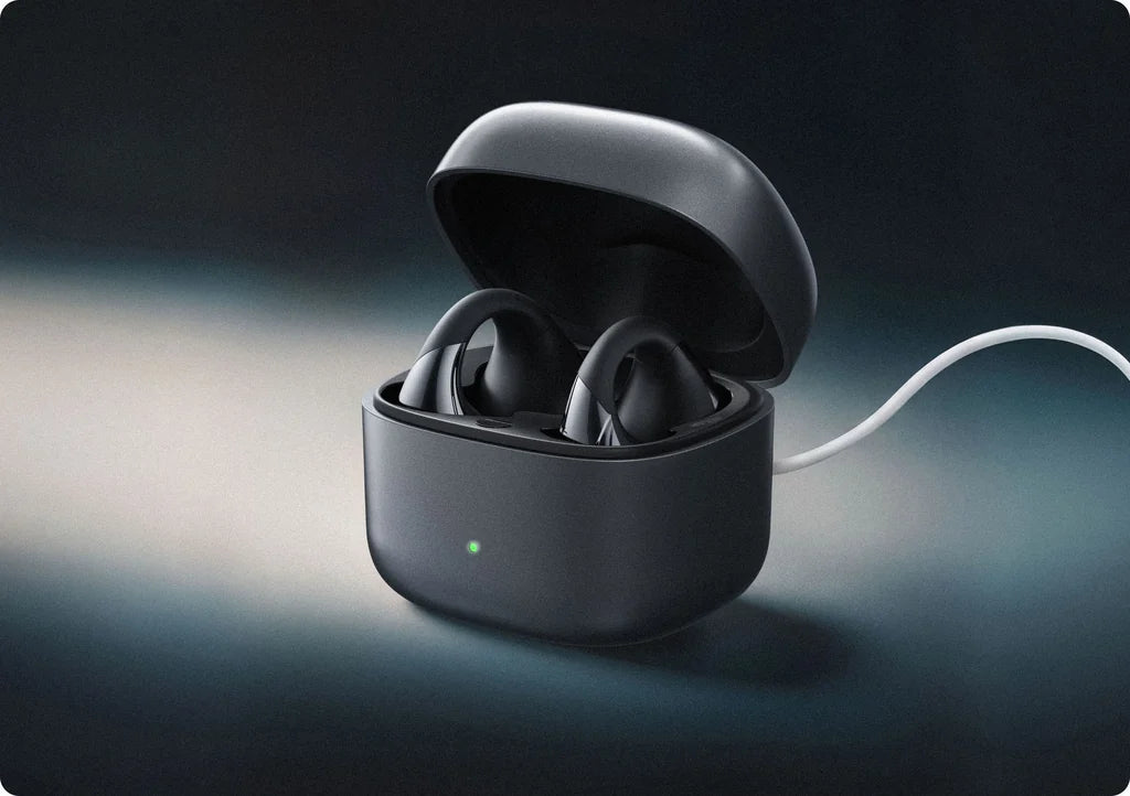 C-Flow earbuds in the open charging case